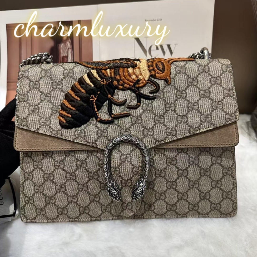 Authentic Gucci Dionysus GG Supreme Bee Embroidered Chain Shoulder Bag