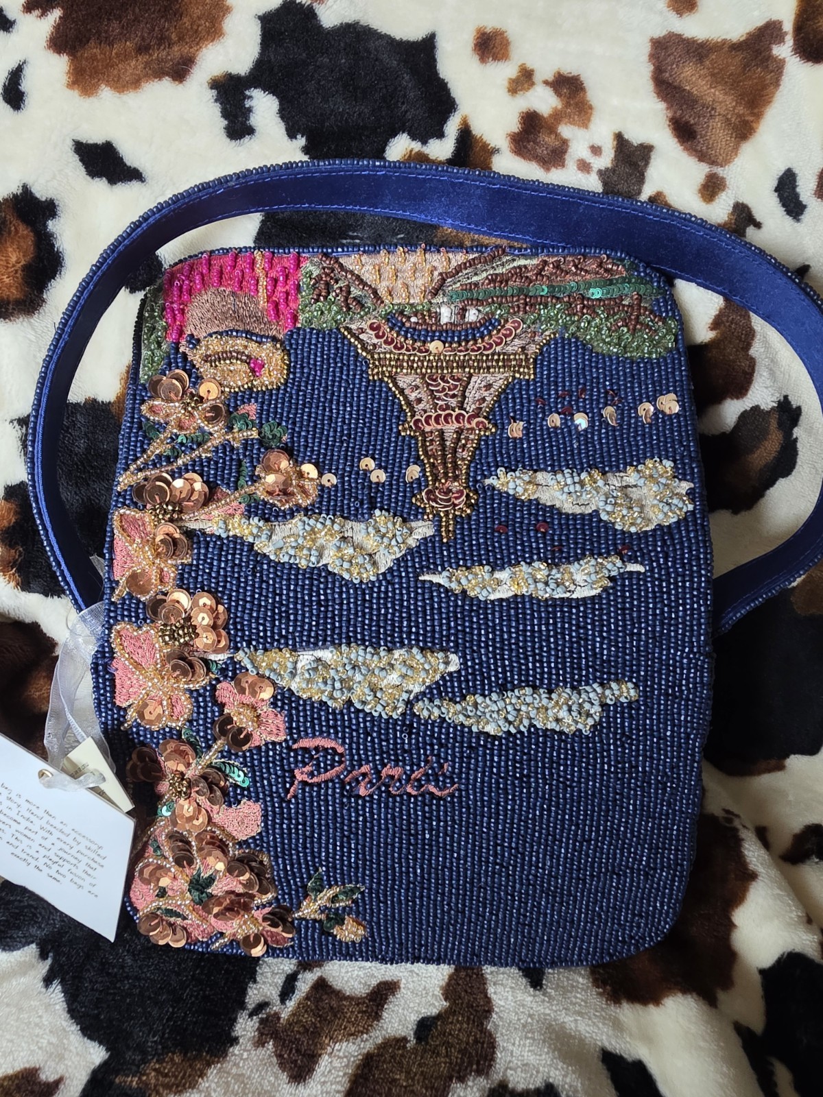 Handcrafted Beaded Paris Shoulder Bag French Eiffel Tower Blue Purse