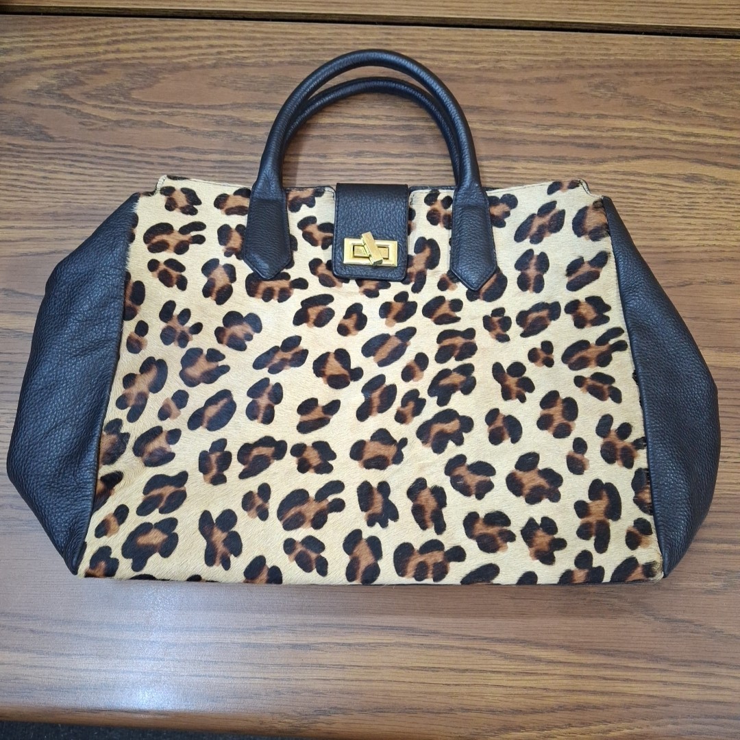 A. Bellucci Leopard Calf Hair Black Leather Satchel Bag Made In Italy Large