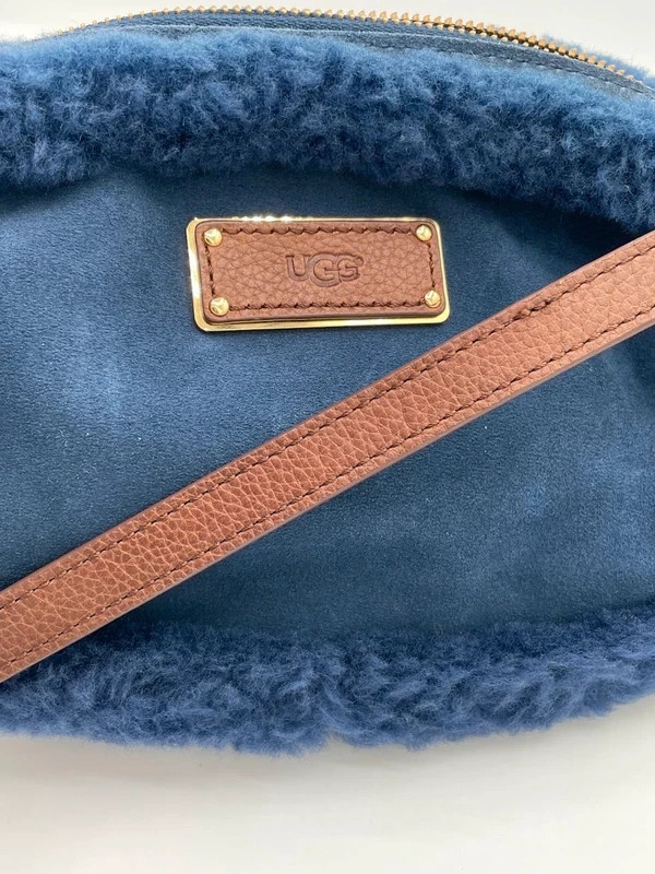 UGG Navy Blue Suede Shearling Crossbody Bag Brown Leather Gold Hardware