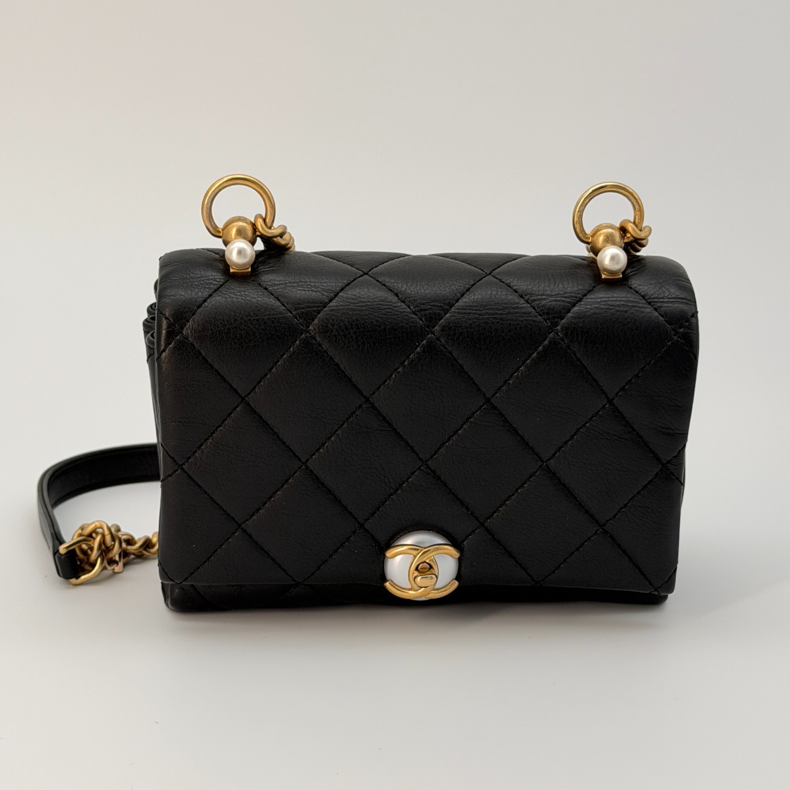 Chanel Black Quilted Lambskin Pearl Accordion Small Flap Bag Lambskin