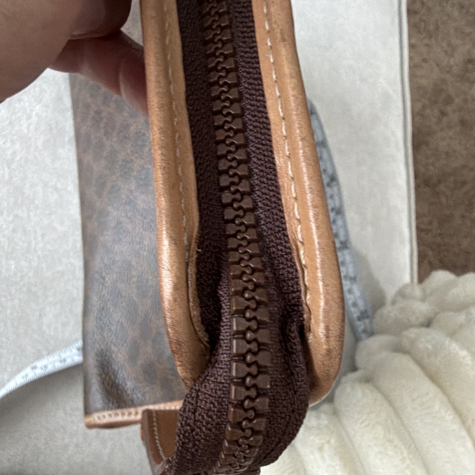 ⁠Vintage CELINE Macadam Canvas Clutch Pouch Wristlet Brown Tan Leather Trim