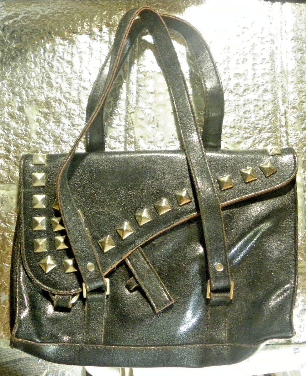 Vintage Imitation Black Leather Chrome Studded Hand Bag Purse Fashion Express