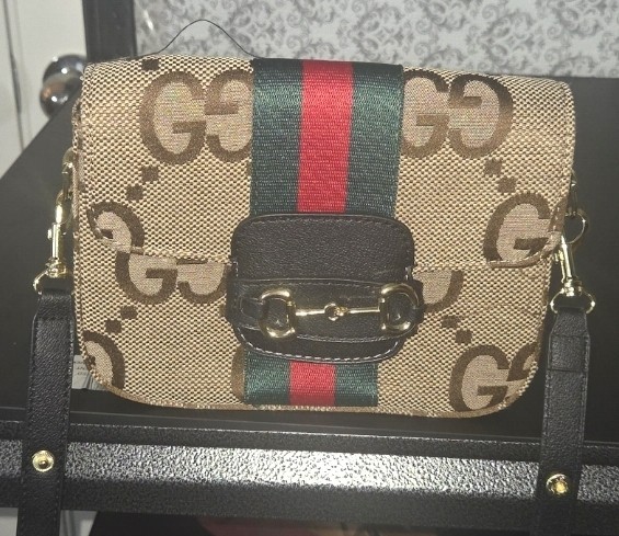 Gucci Beige/Brown GG Web Stripe Crossbody Bag Small Flap Clasp Gold Hardware