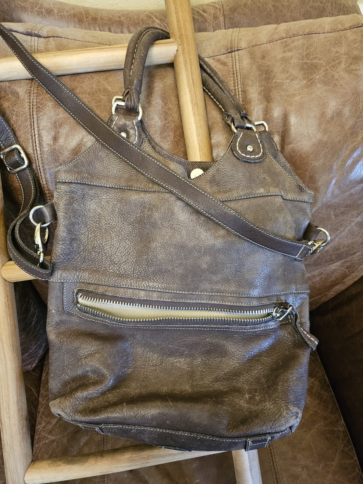 Roots Original Brown Large Satchel Convertible Shoulder Bag Zip/Magnetic