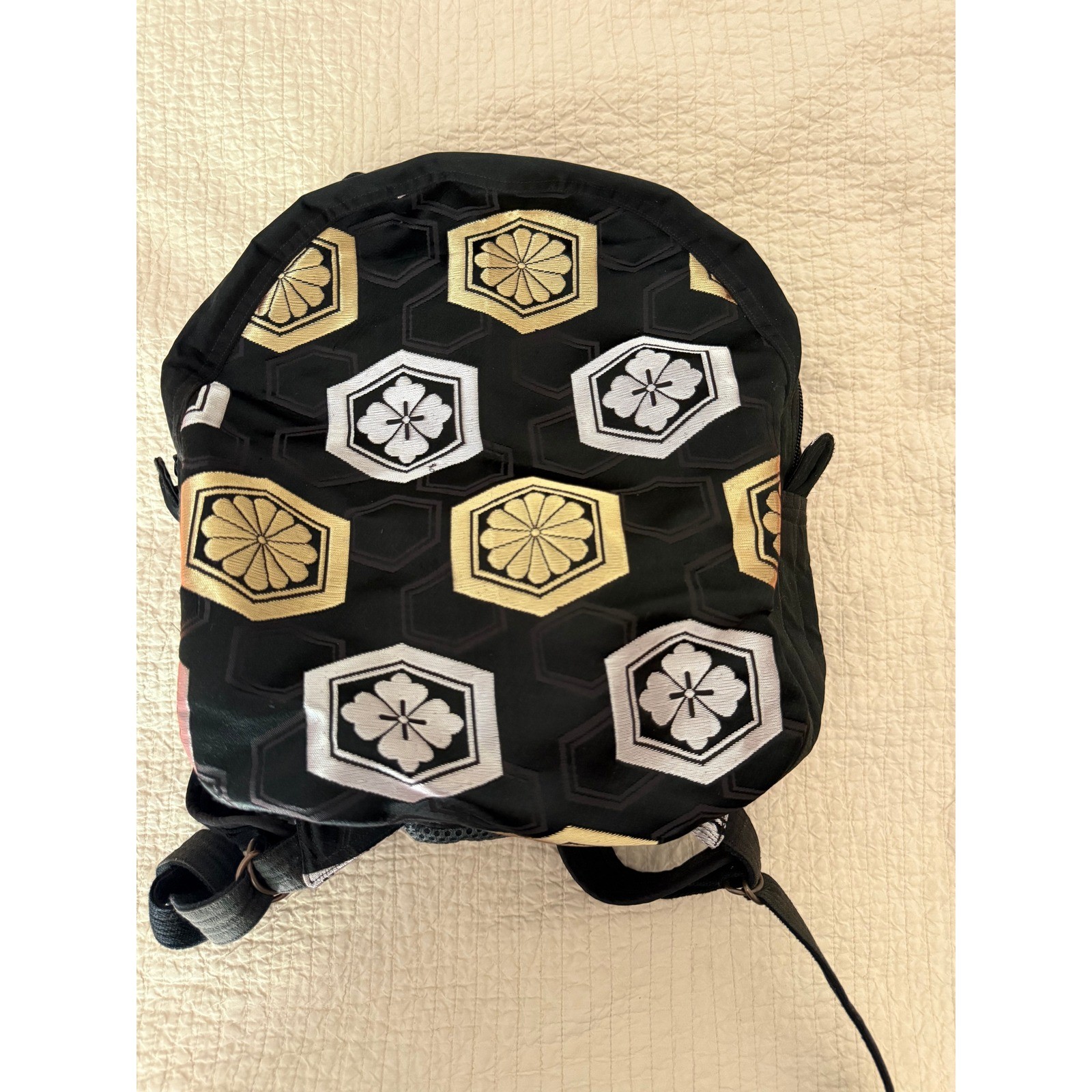 Kimono Brocade Mini Backpack Black Gold Silver Floral Crest Red Zip