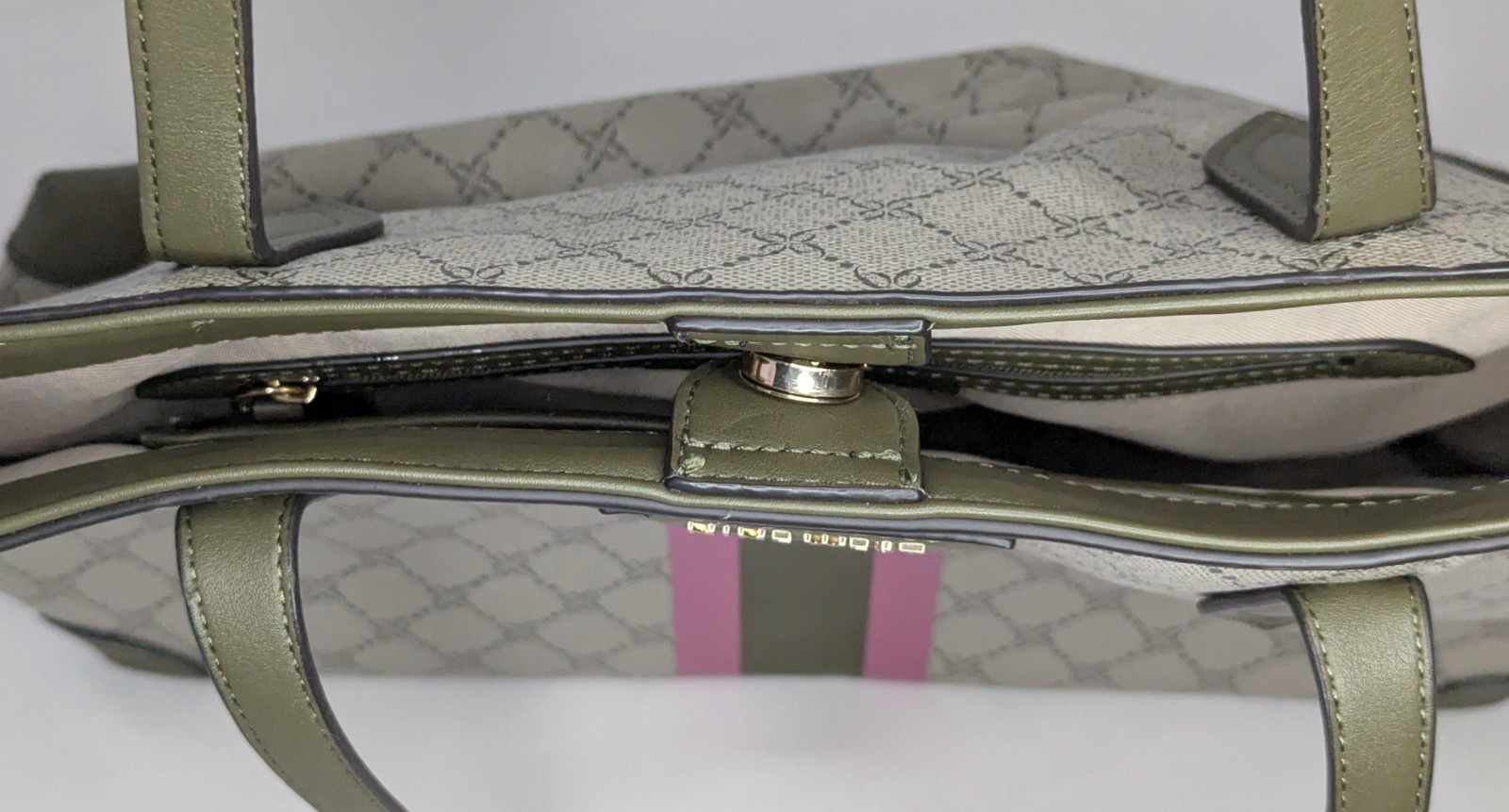 Nine West Tote Bag Featuring a Beige Geometric Print and Pink and Olive Accents