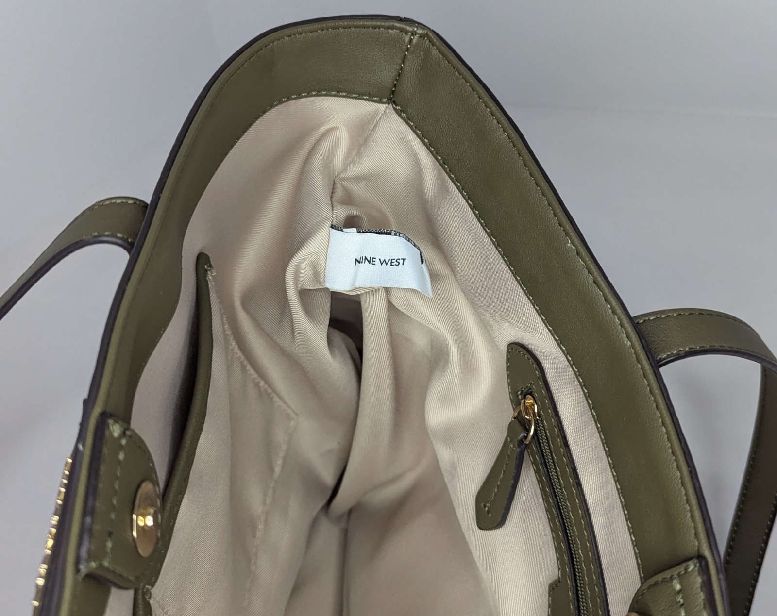 Nine West Tote Bag Featuring a Beige Geometric Print and Pink and Olive Accents