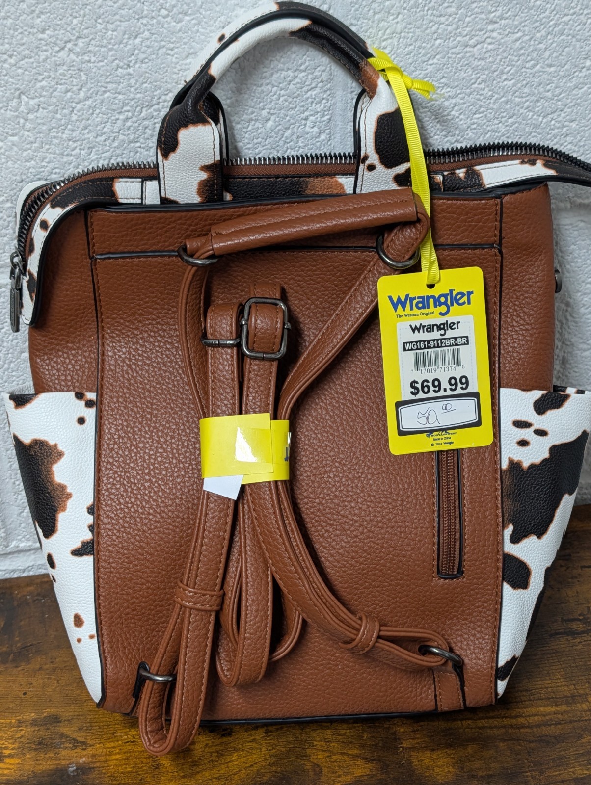Wrangler Cow Print Convertible Backpack Purse Brown & White Bag NWT Western
