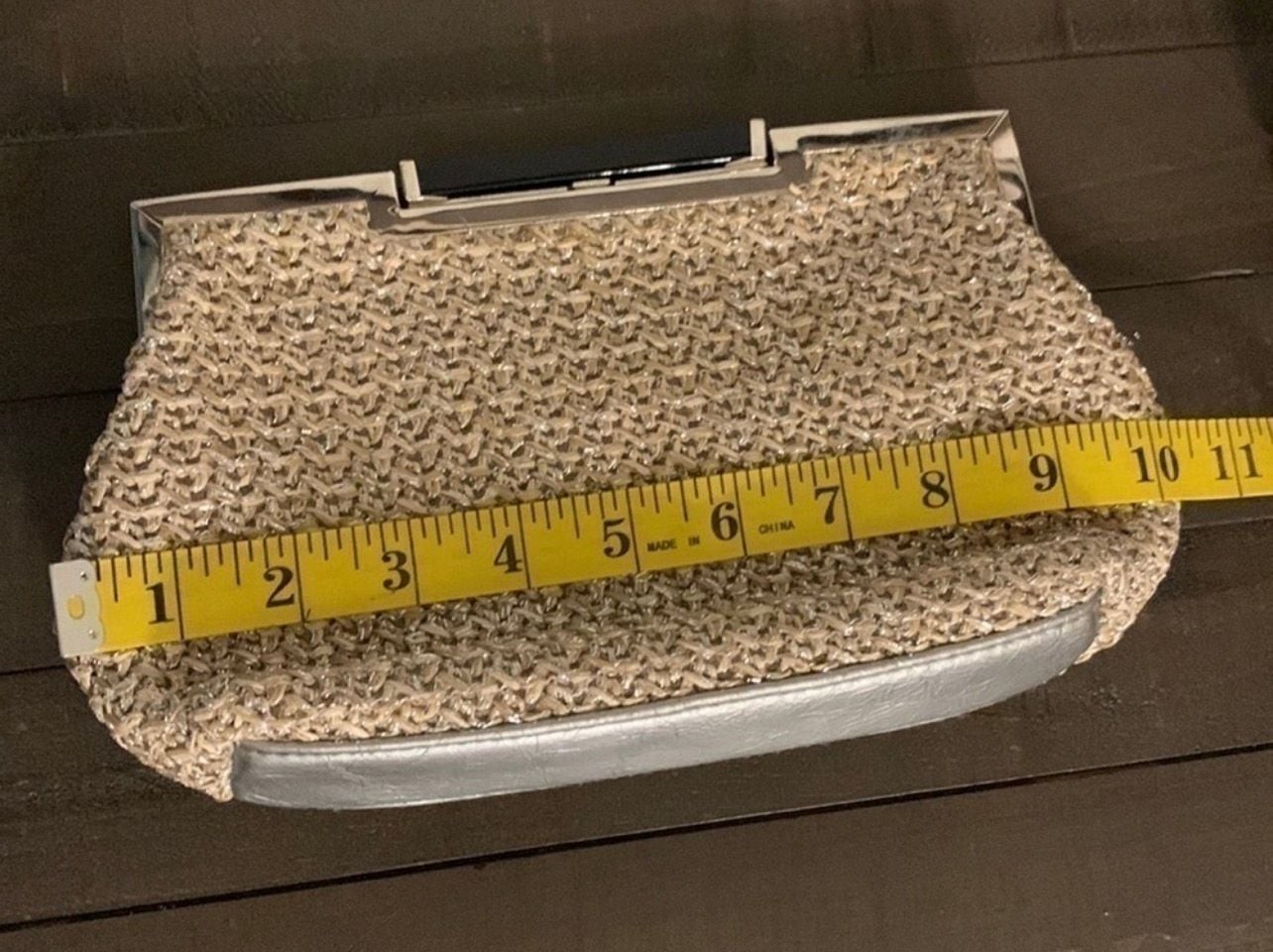 Bueno Woven Metallic Straw Evening Clutch with Silver Tone Chain and Frame