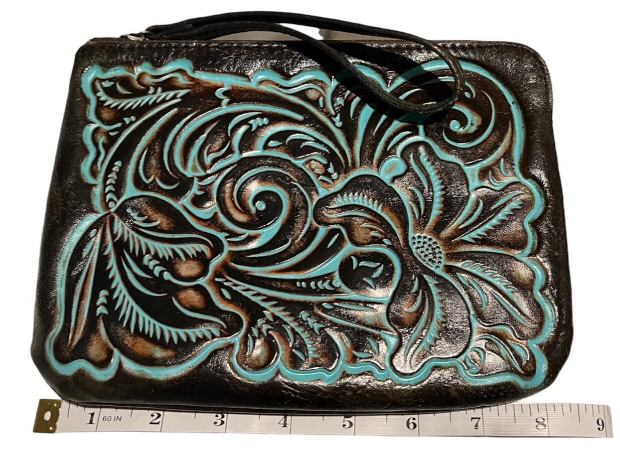 Patricia Nash CASSINI Pouch Italian Leather Tooled Turquoise Makeup Bag Wristlet