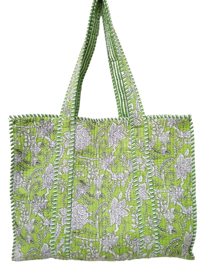 Indian Cotton Quilted Tote Bag Green Print Handmade Shoulder Bag