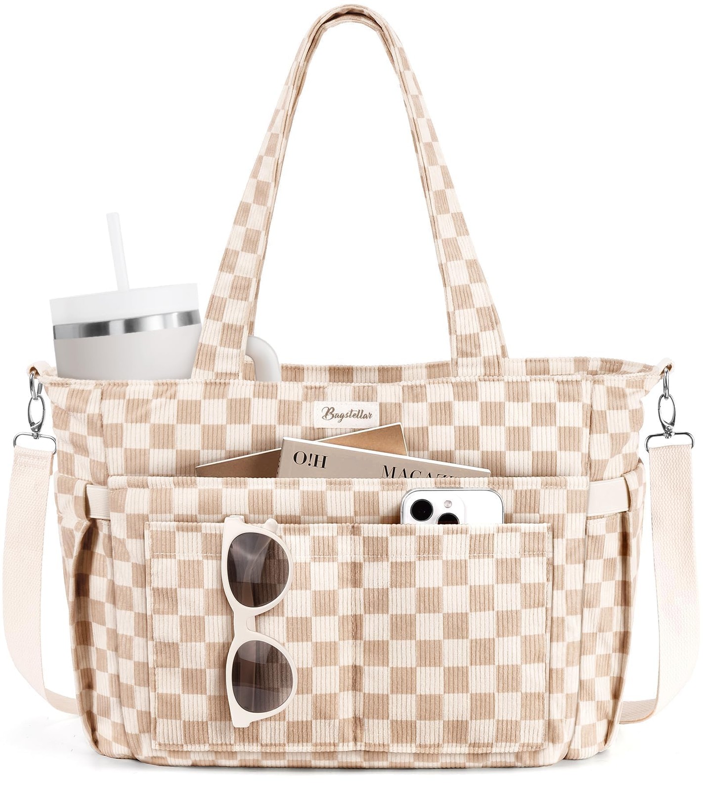 Bagstellar Corduroy Tote Bag for Women, 17 Pockets Laptop Work Tote Bag Lightwei