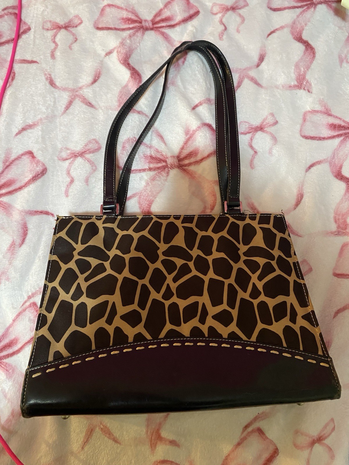 Women’s Animal Print Shoulder Bag Brown/Black Red Lining Magnetic Silver Pockets