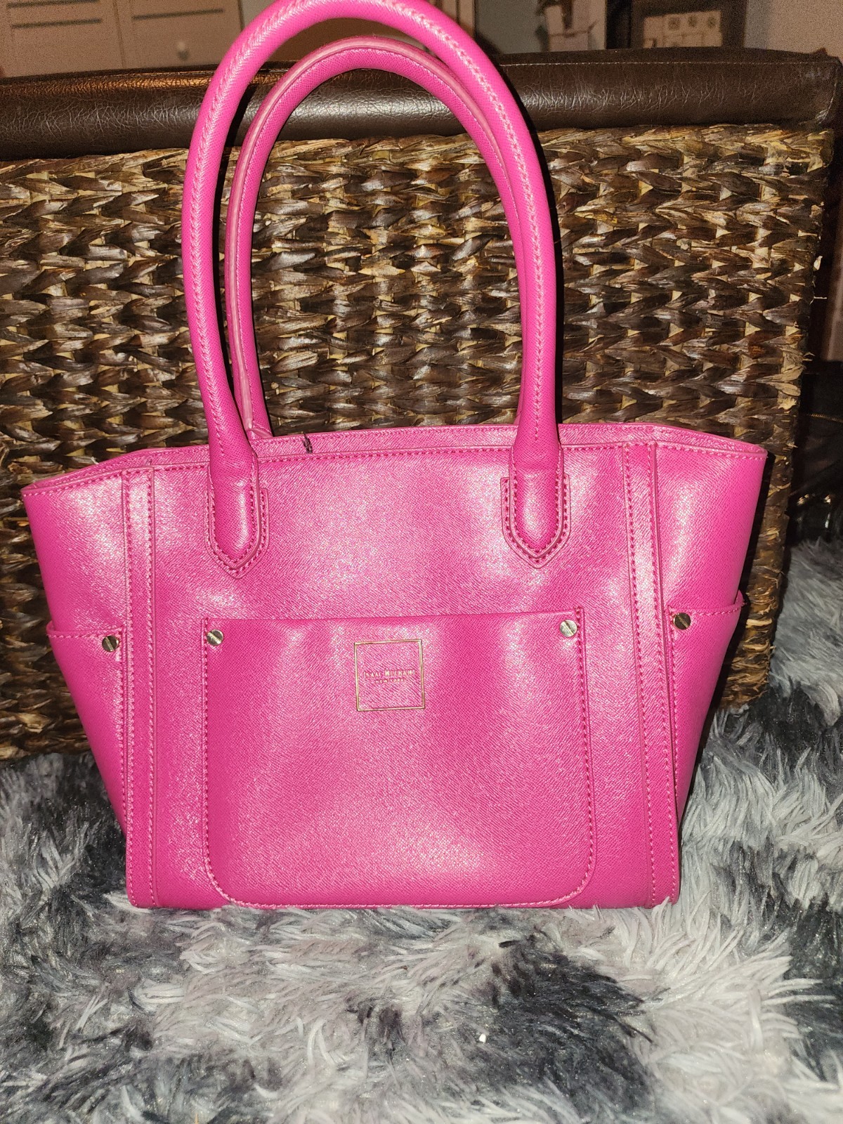 Isaac Mizrahi New York Pink Small Satchel Top Handle Zip Gold Hardware Dust Bag
