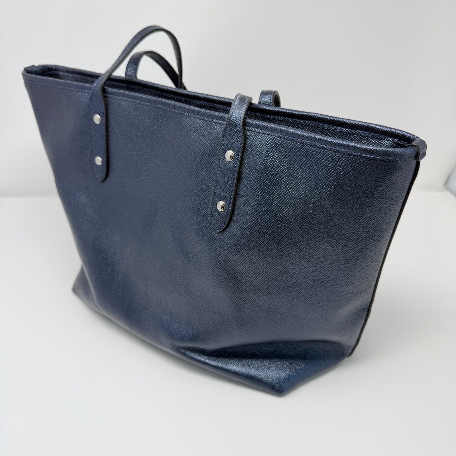 Coach City Zip Top Leather Tote Shoulder Bag Metallic Blue Style 27515