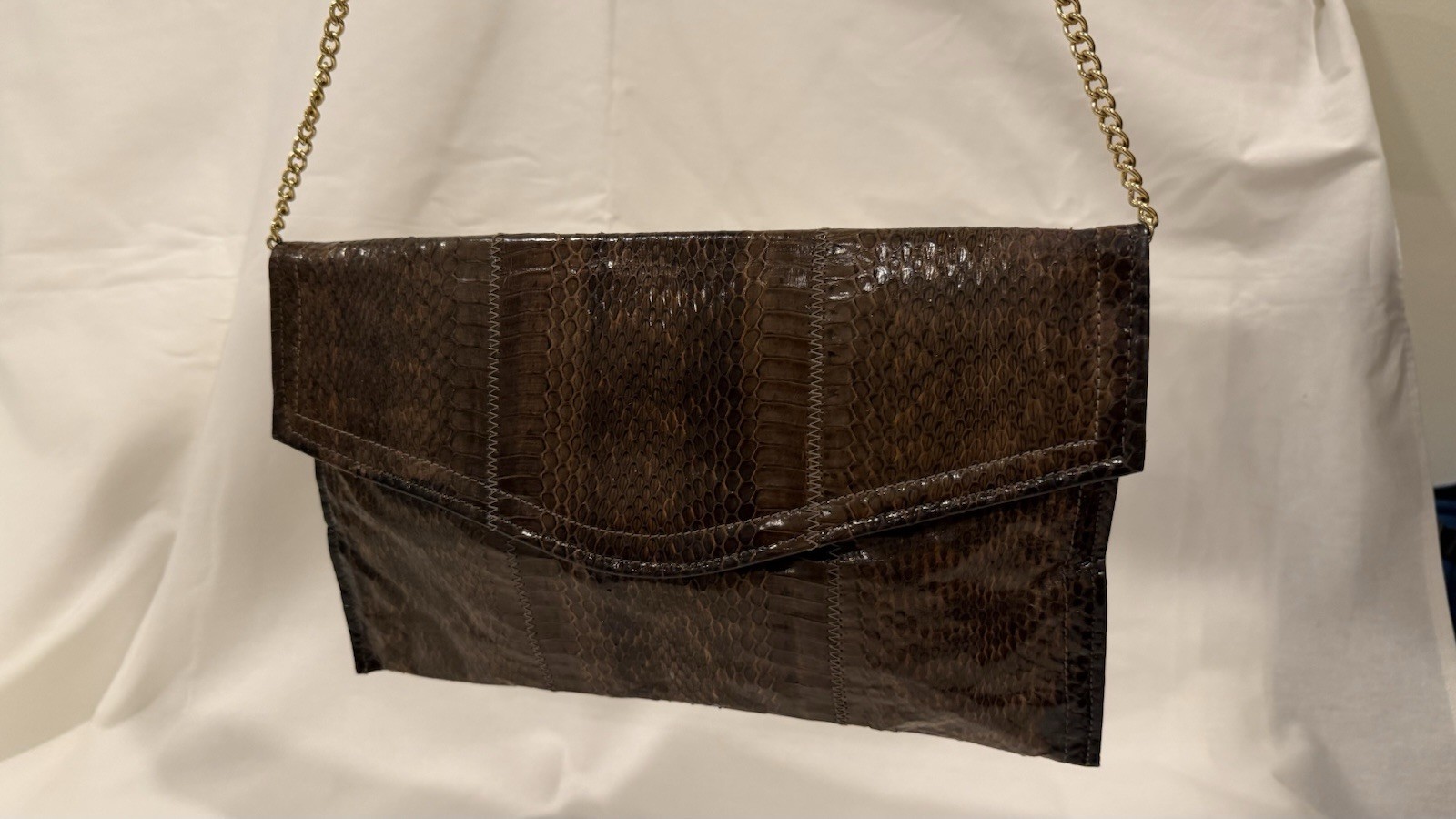 Brown Snakeskin, Shoulder Bag, Gold Chain Strap, Snap Closure, Lined