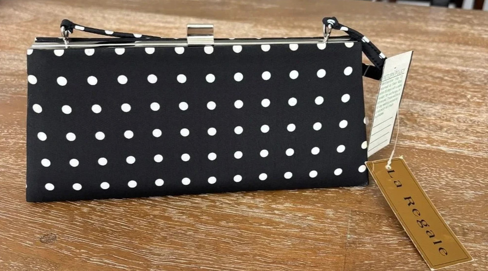 DESIGNER LA REGALE POLKA DOT EVENING CLUTCH PURSE 9X4.5X2 INCHES