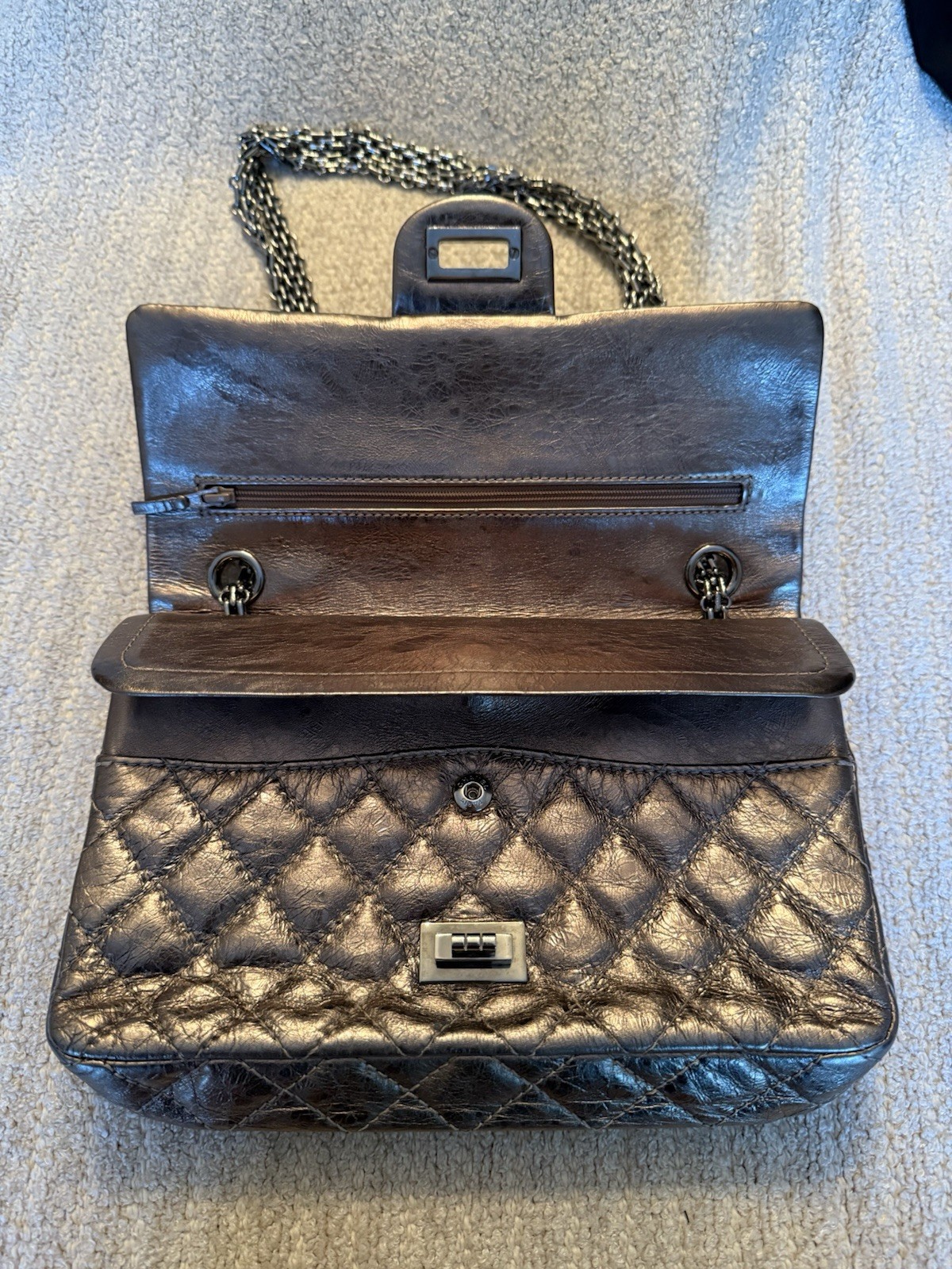 CHANEL Classic Metallic Silver Double Flap Reissue 2.55 Quilted Bag