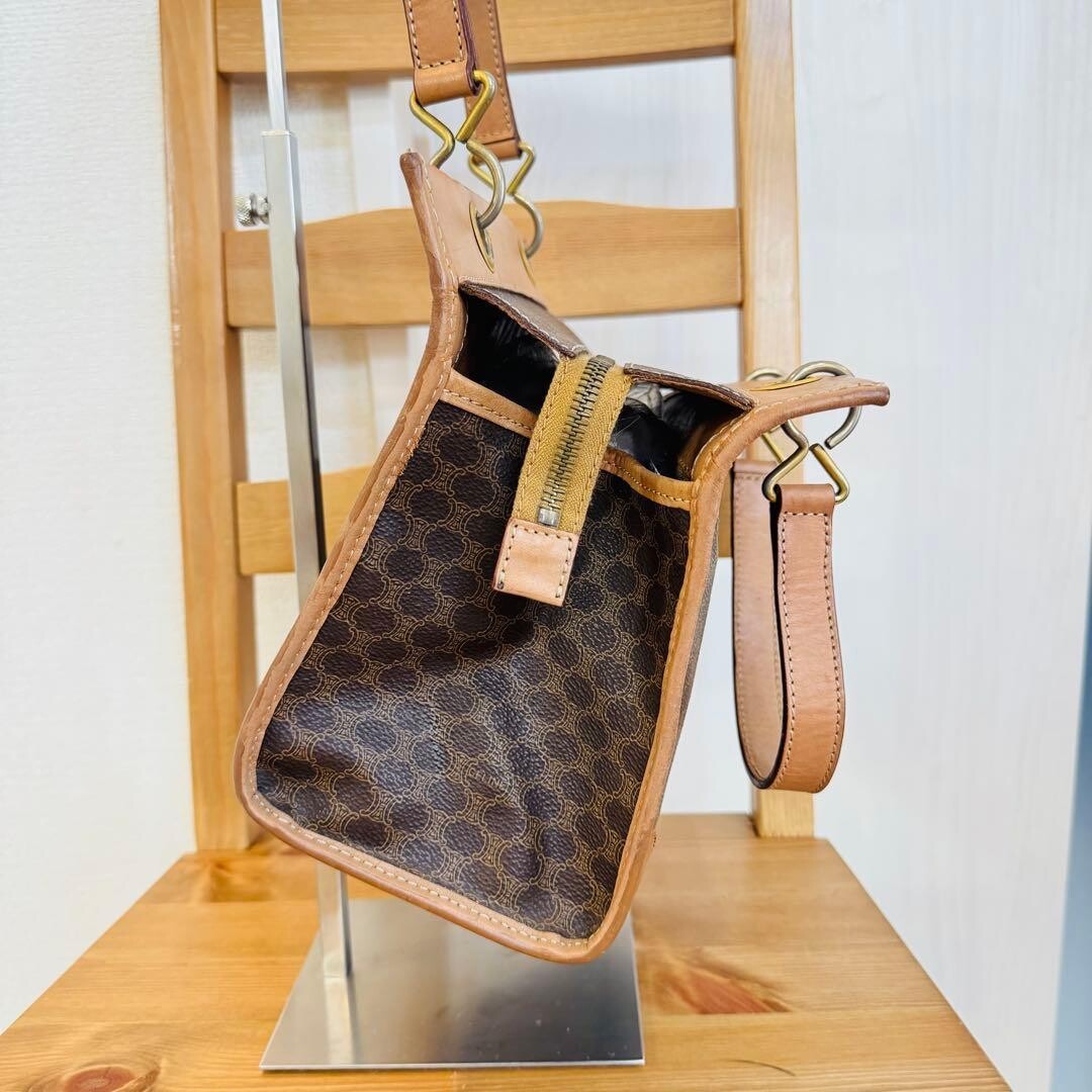 CELINE Macadam Vintage Brown Leather PVC Handbag Tote Gold Zip M13 25cm 21cm