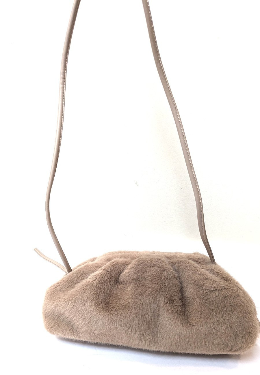 Light Brown Faux Fur Pouch Crossbody Bag – Leather Strap, Medium
