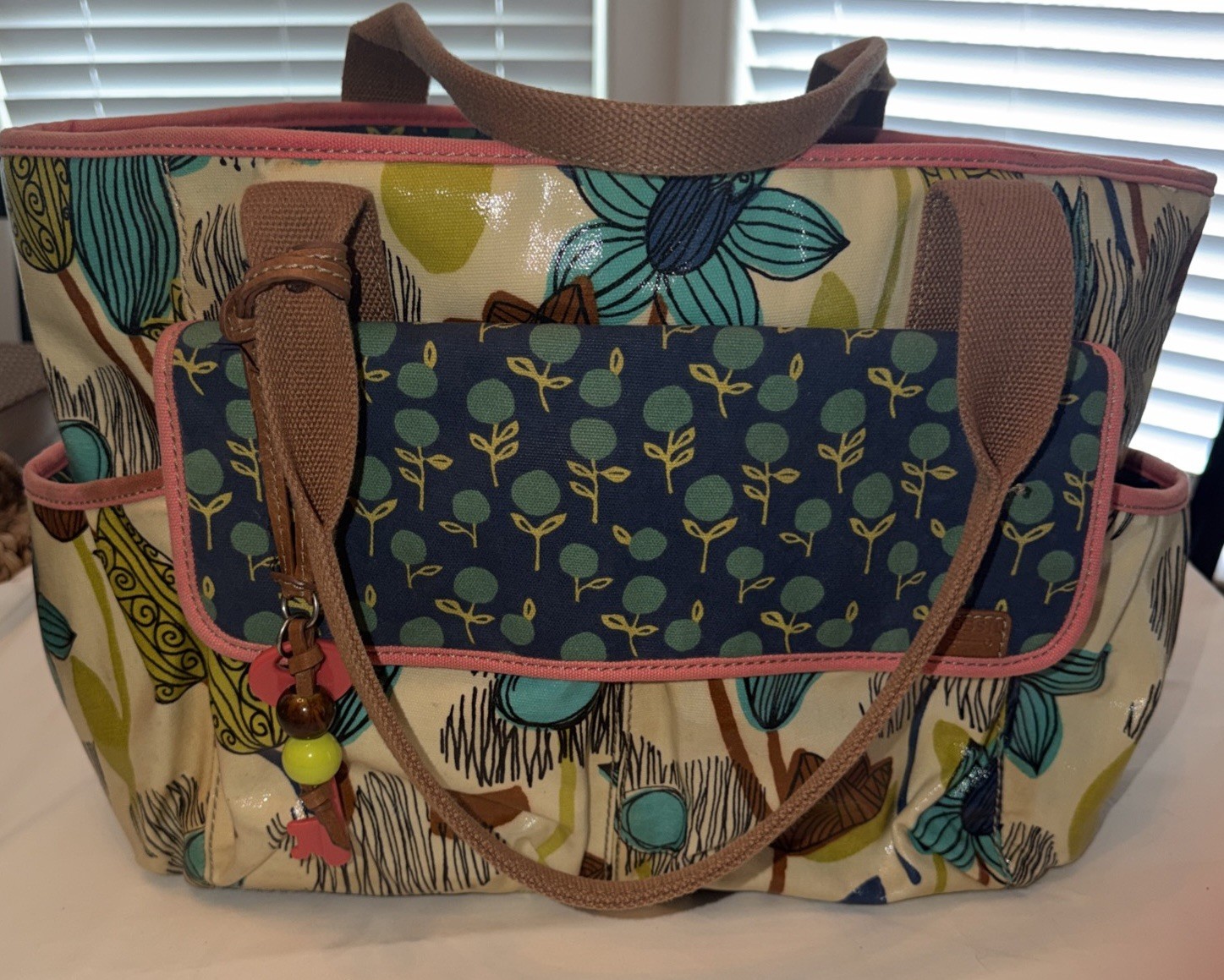 Fossil Diaper Tote Handbag Womens Key-Per Multicolor Coated Canvas Double Handle