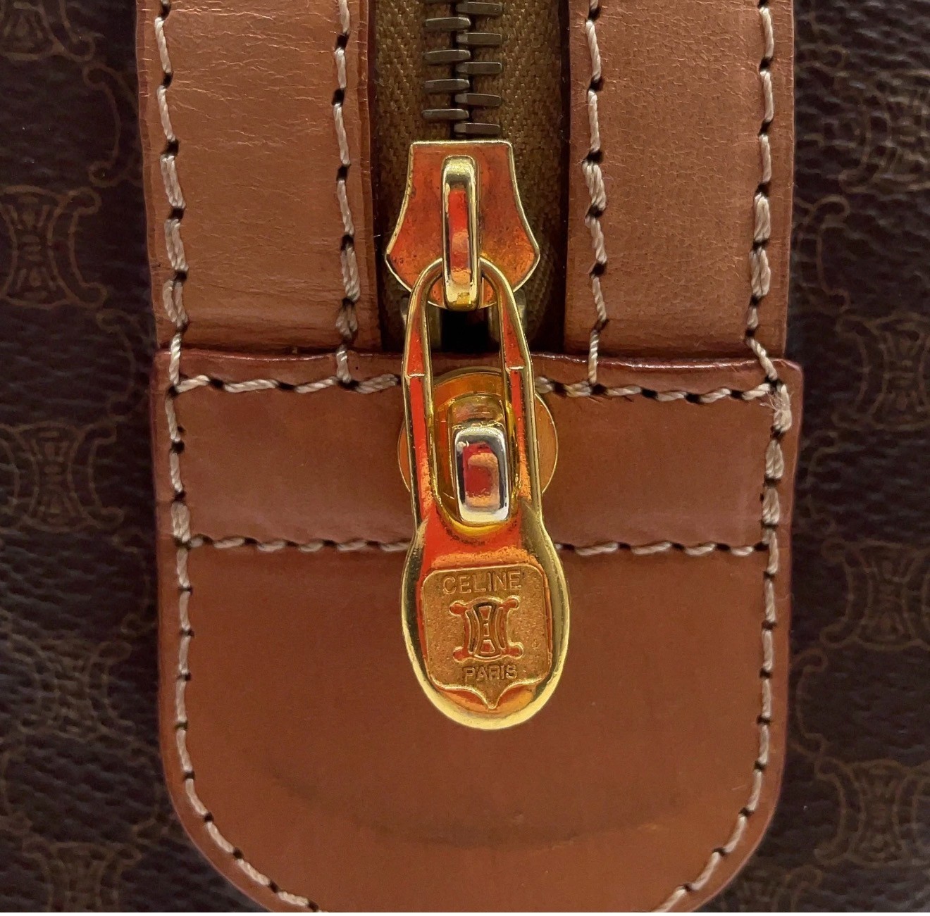 Authentic Celine Macadam pattern PVC leather brown Boston bag 40 w/Padlock