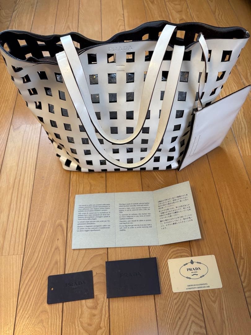 PRADA Vintage Punching Leather Tote Bag White Mesh Lacis Design Authentic A1337