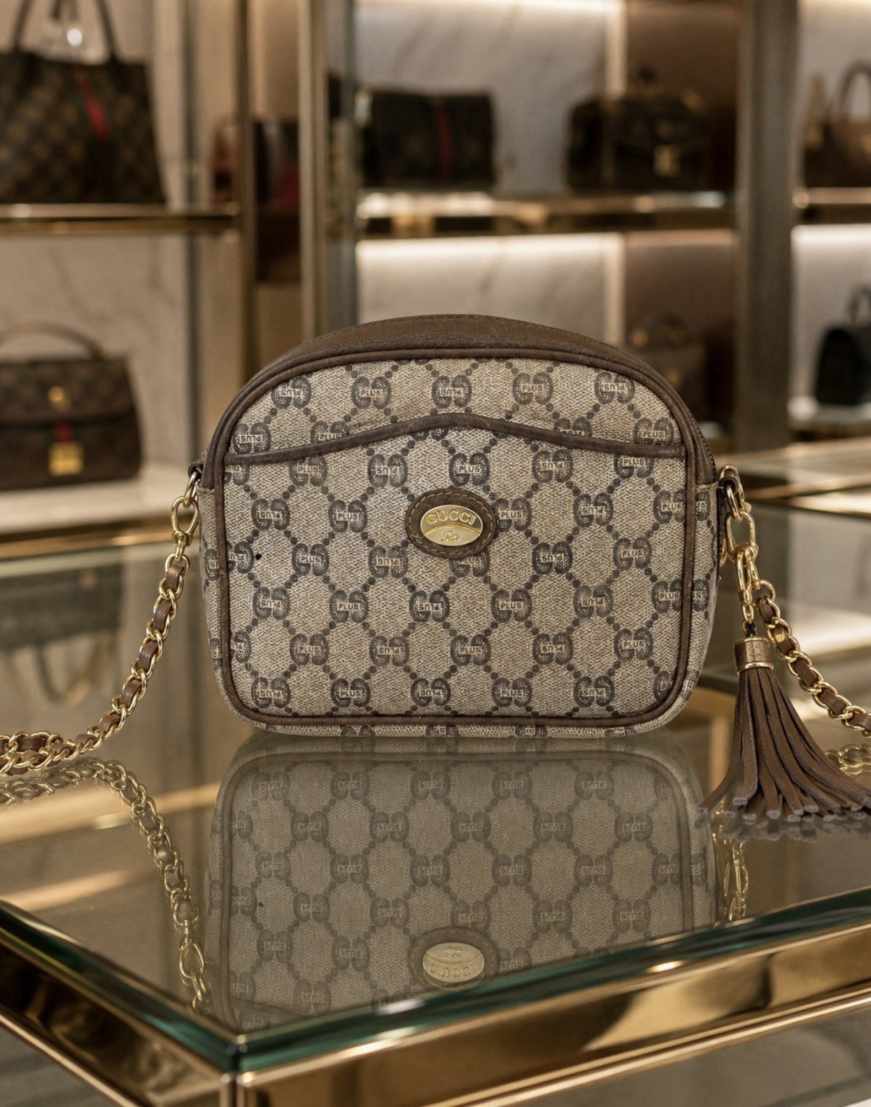 Authentic Gucci Vintage GG Plus Beige/Brown Leather Trim-Crossbody-VG Condition