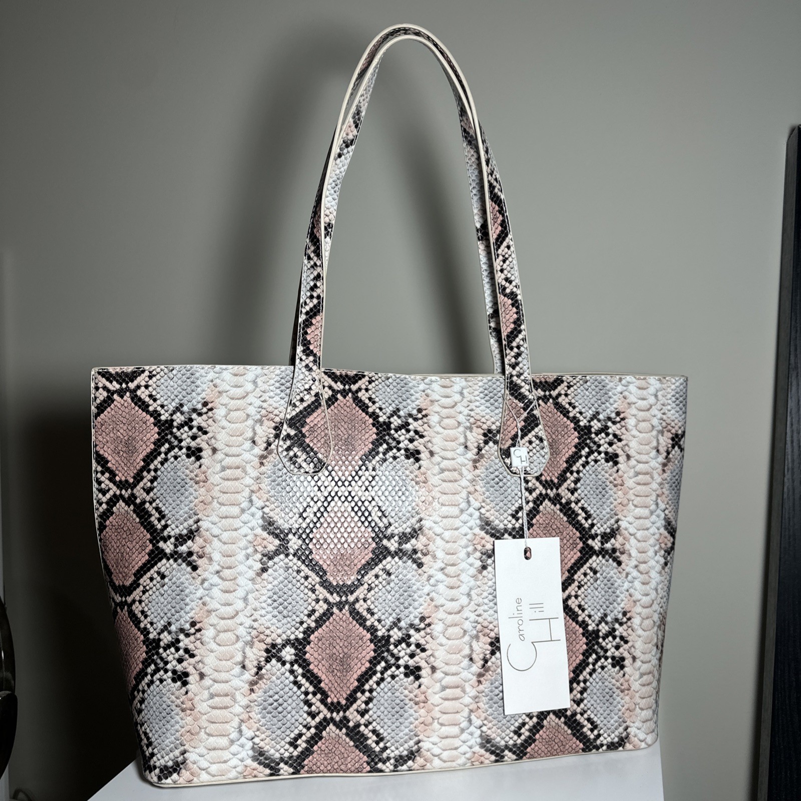 Caroline Hill Muted Multicolor Tote Bag Snake Print Peach Gray Magnetic Closure