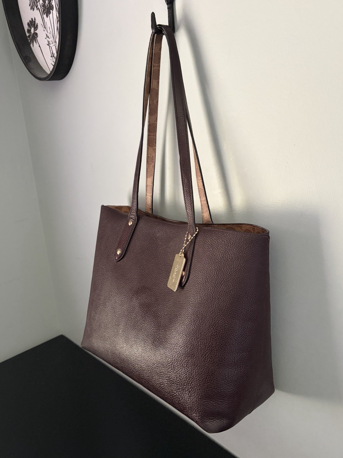 COACH Central Tote w/ Signature Logo Canvas Blocking/ Brown Pebble Leather/ Gold