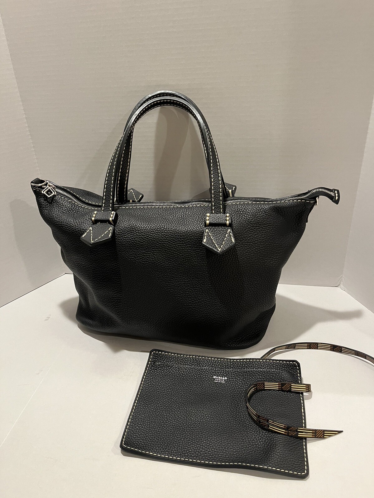 Moreau Paris Black Pebbled Leather Tote Shoulder Bag Made In France With Pouch