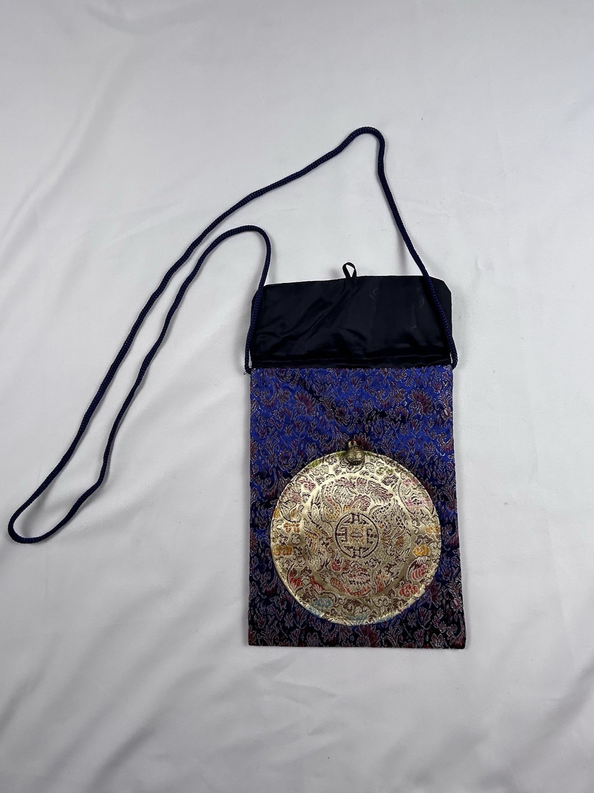 Chinese Silk Brocade Embroidered Purse Bag Shoulder Strap Bell Closure Blue