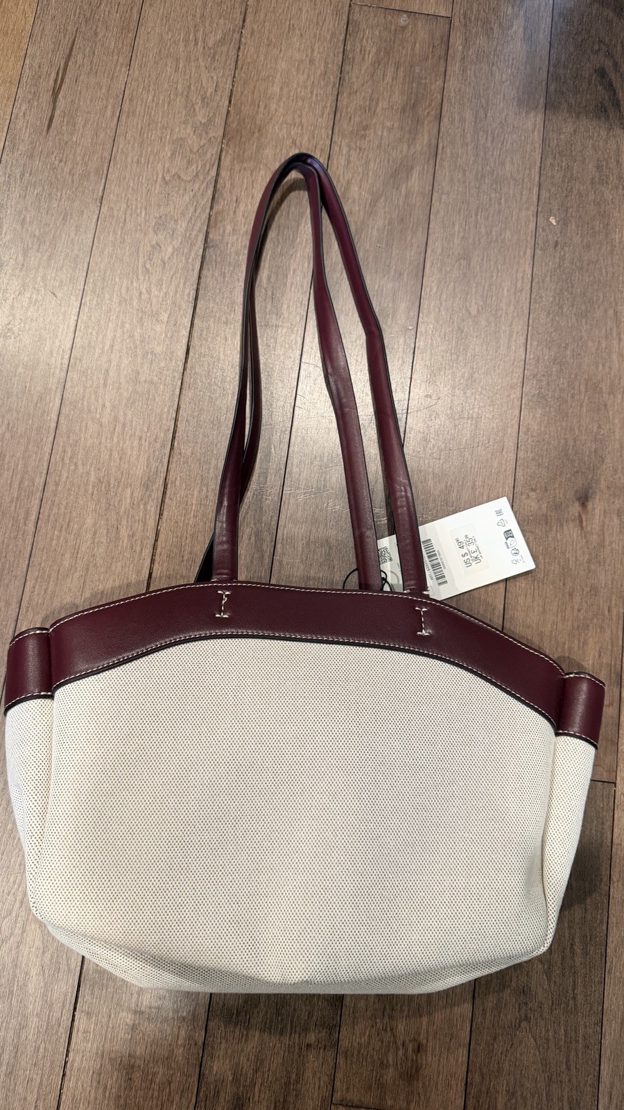ZARA Canvas Tote Bag Burgundy Cream Large Shoulder Shopper NWT