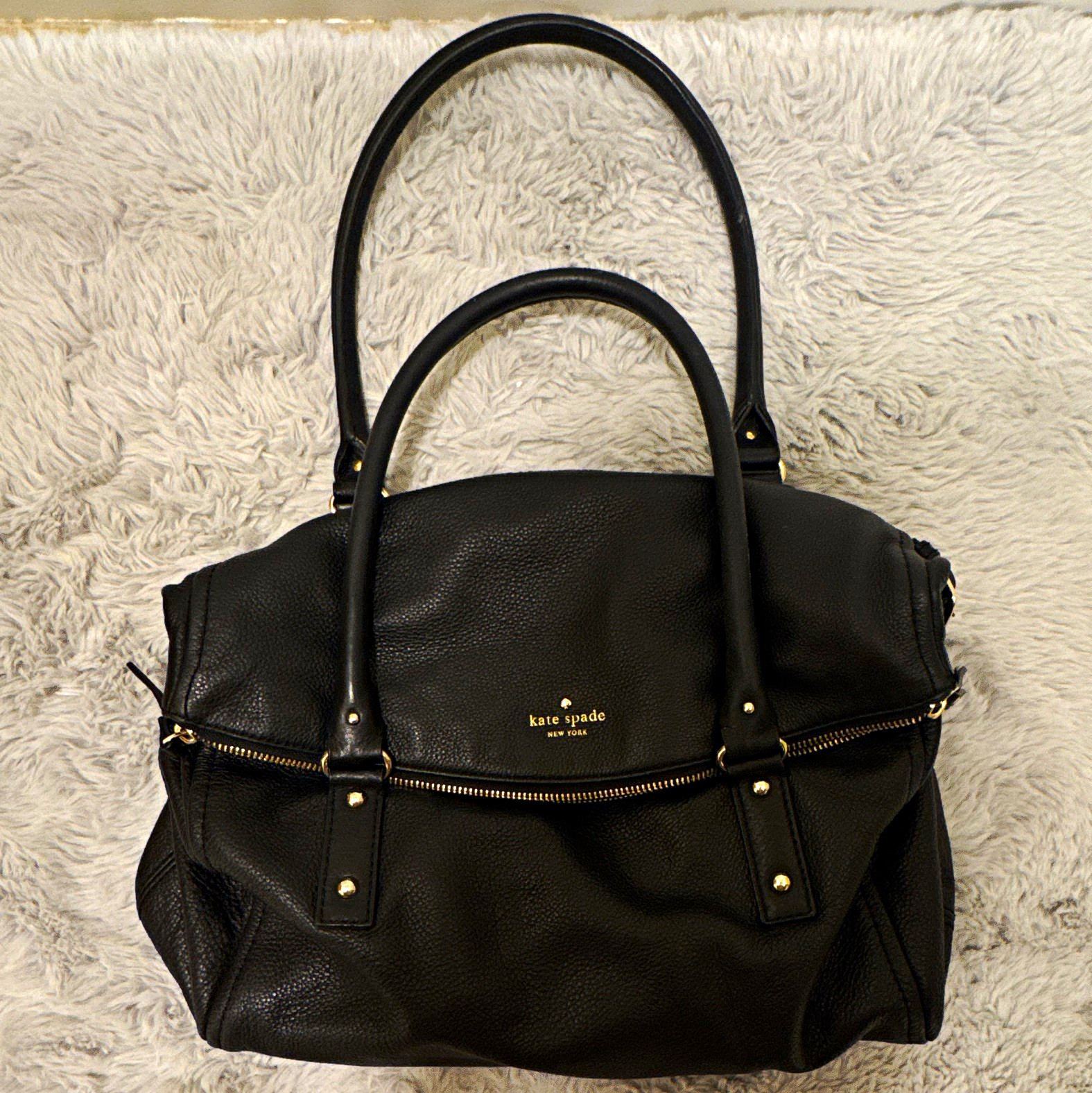 kate spade new york Black Pebbled Satchel Top Handle Zip Gold Hardware Studs