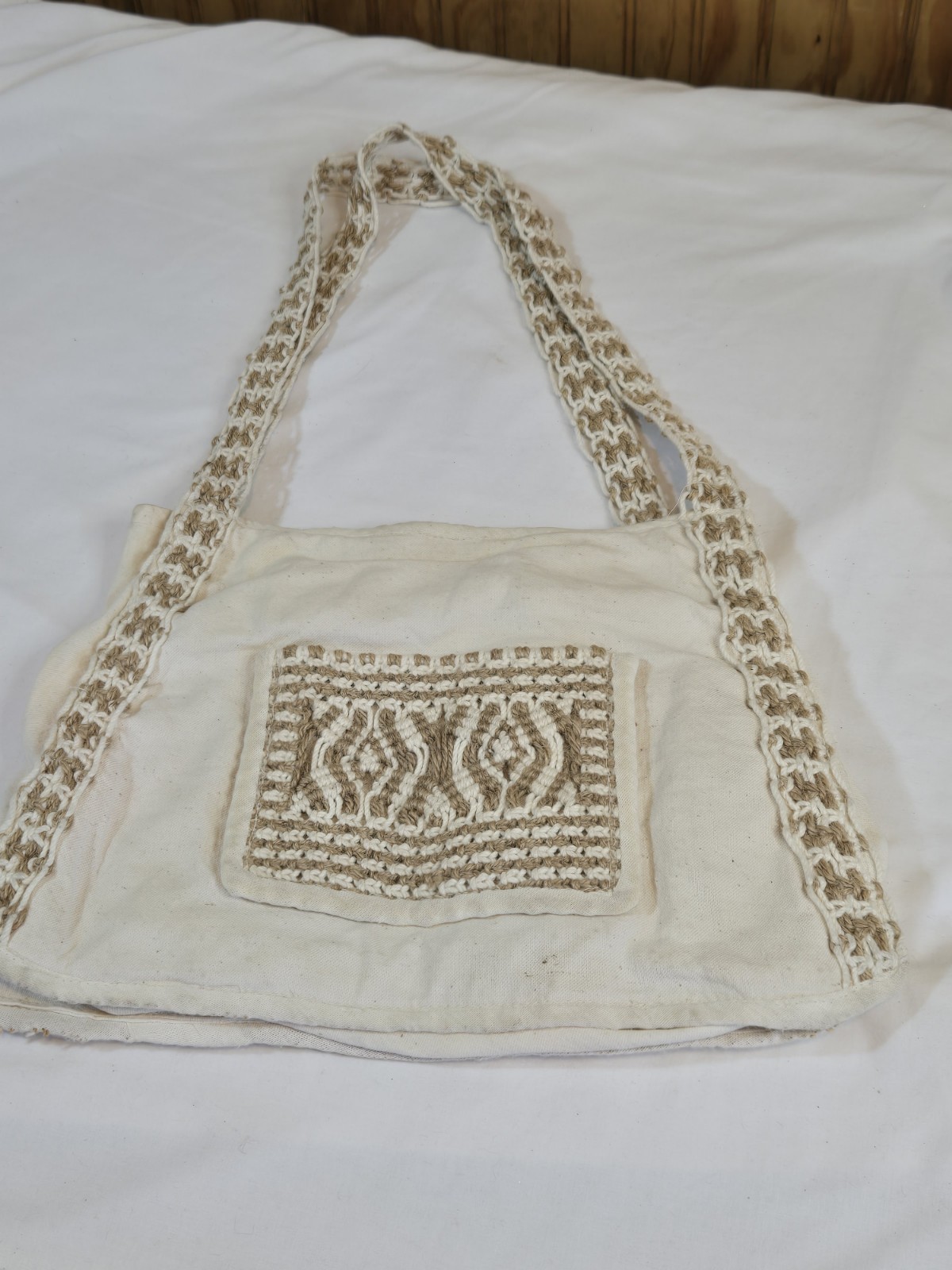 Ivory Macrame Canvas Bag Shoulder Hand Made in Philippines Boho VINTAGE