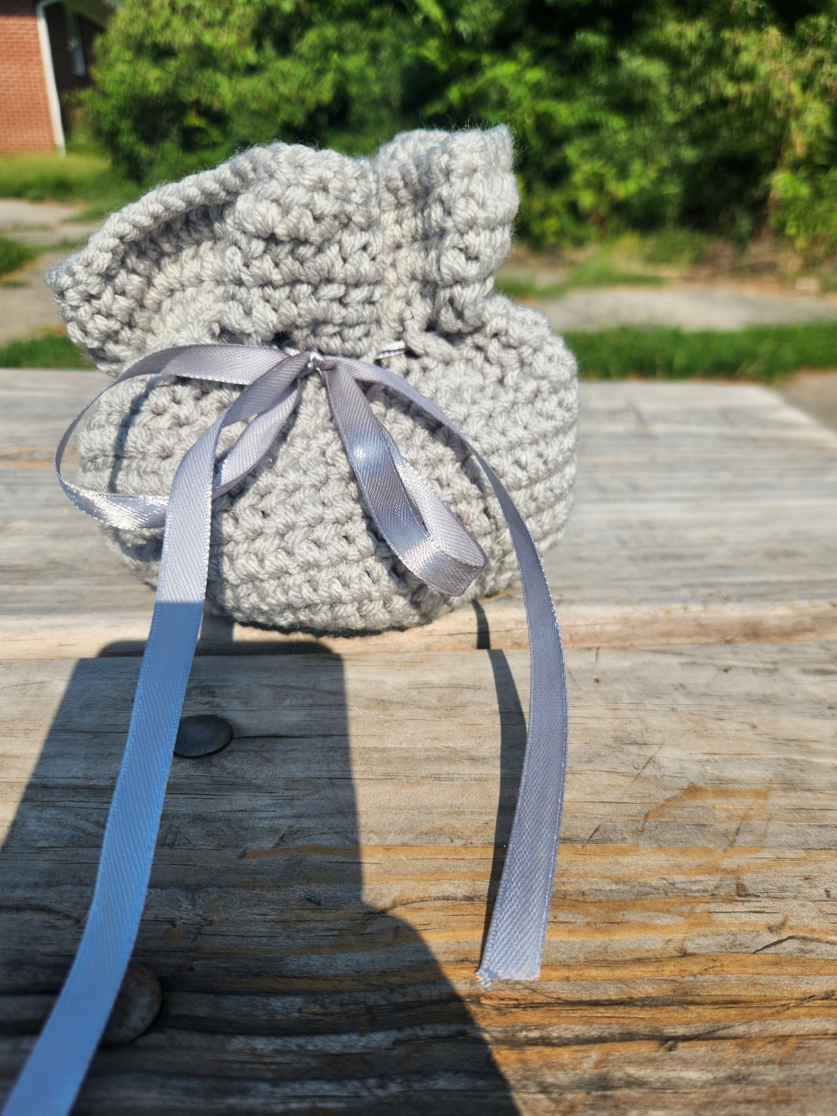 Handmade Gray Crocheted Small Drawstring Bucket Pouch Bag with Ribbon Bow