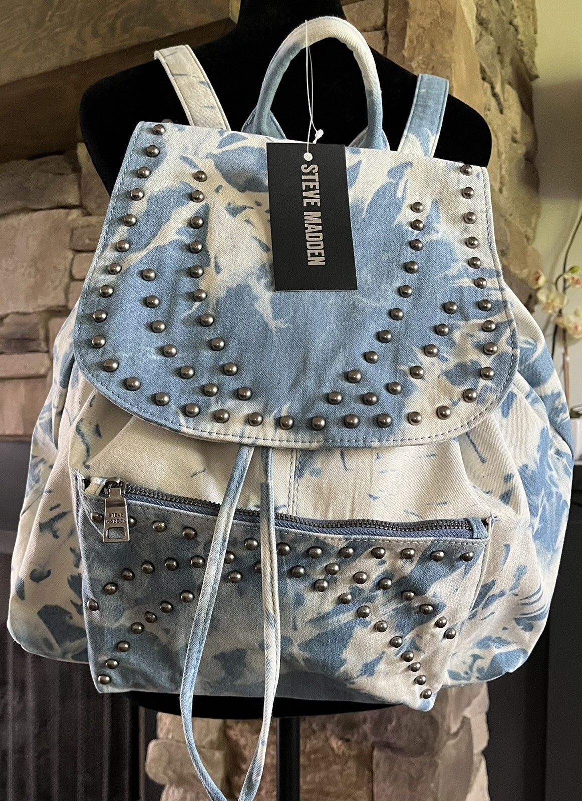 Steve Madden Bvera Blue & White Tie Dye Drawstring Large Backpack New With Tags