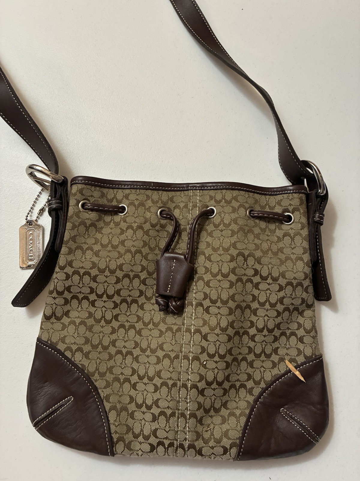 Coach Monogram Drawstring Shoulder Bag Brown/Beige, Inner Pockets, Charm
