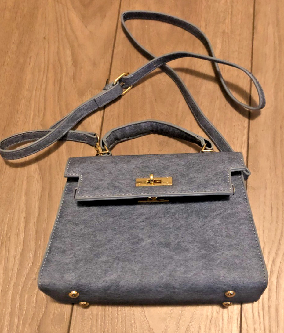 Faux Leather Denim Colored Bag Handbag Purse Gold Hardware Zipper Tote Blue