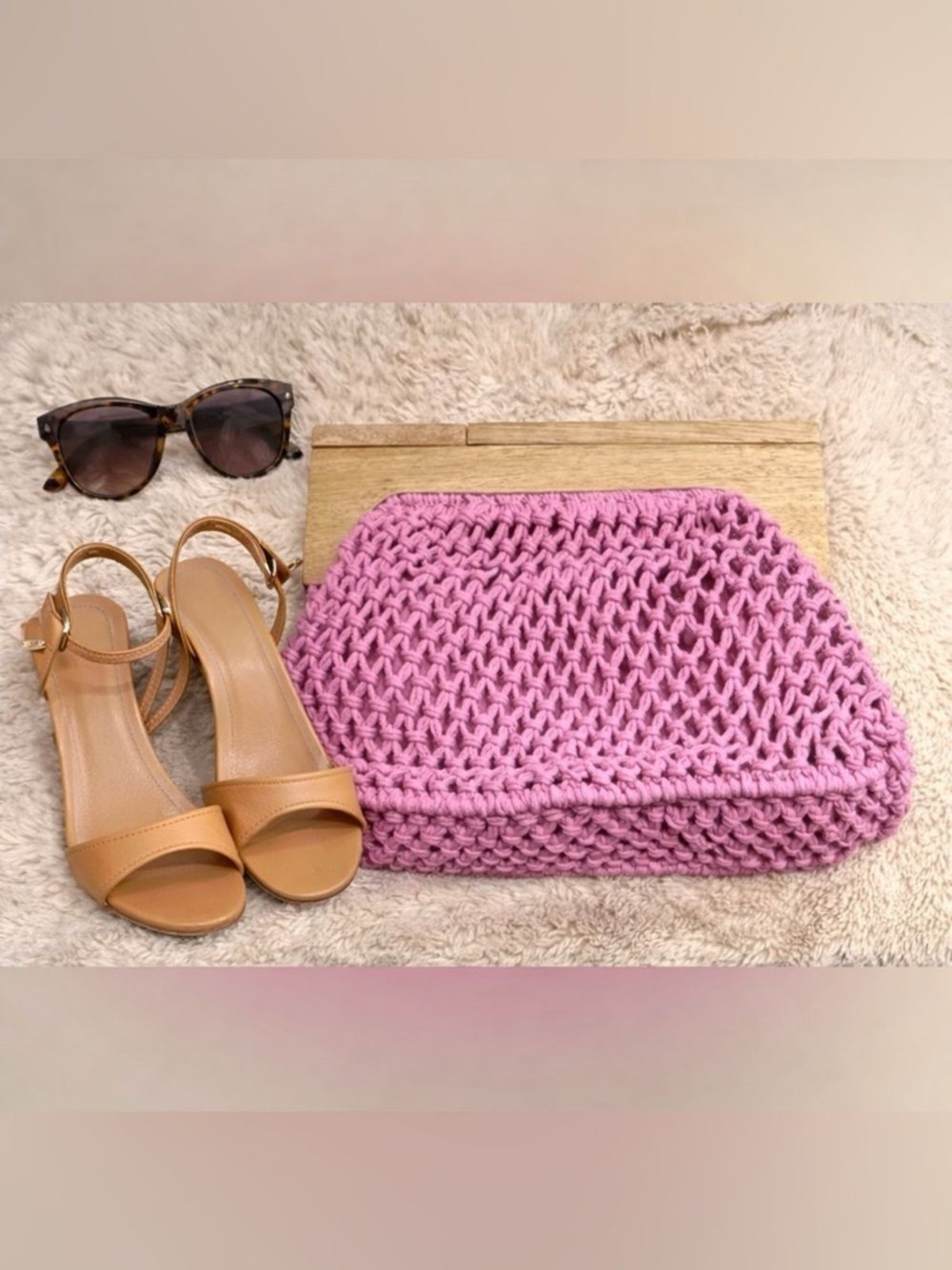 Pink Woven Clutch Bag Statement Summer Purse Wood Handle NWT