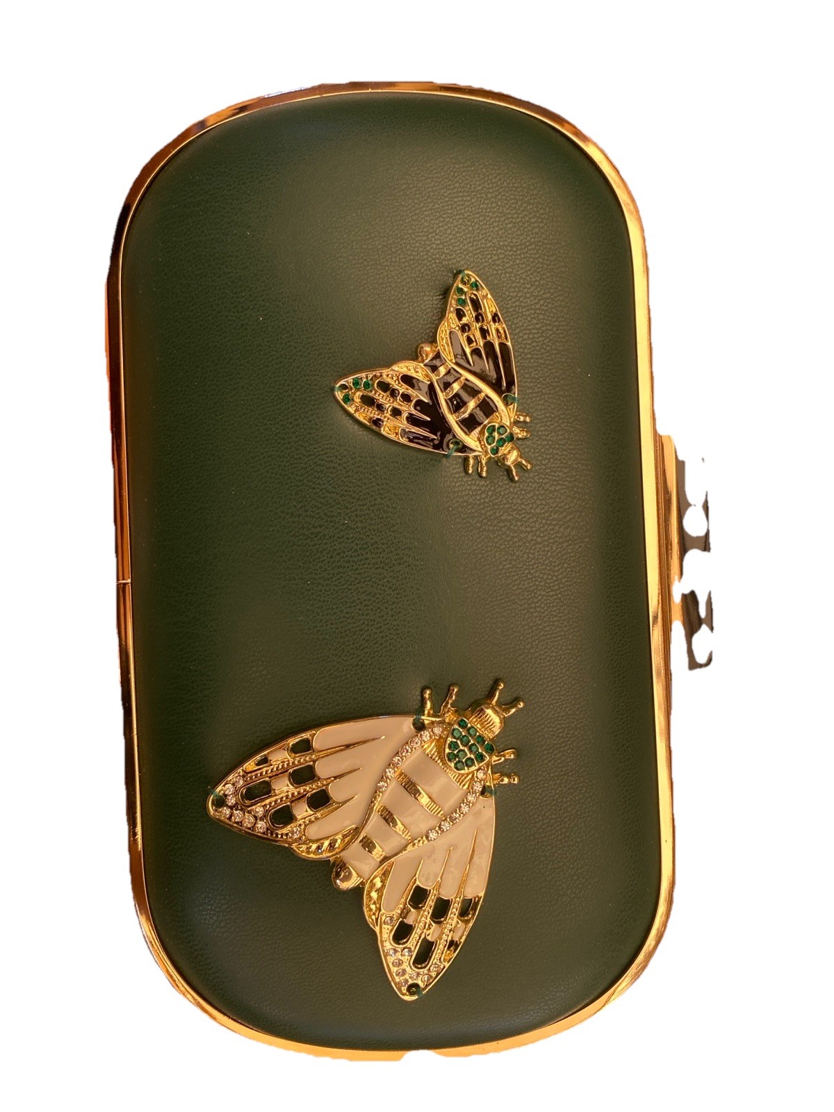 Luxury Insect Clutch Bag Green Gold Bee Accent Evening Purse with Chain