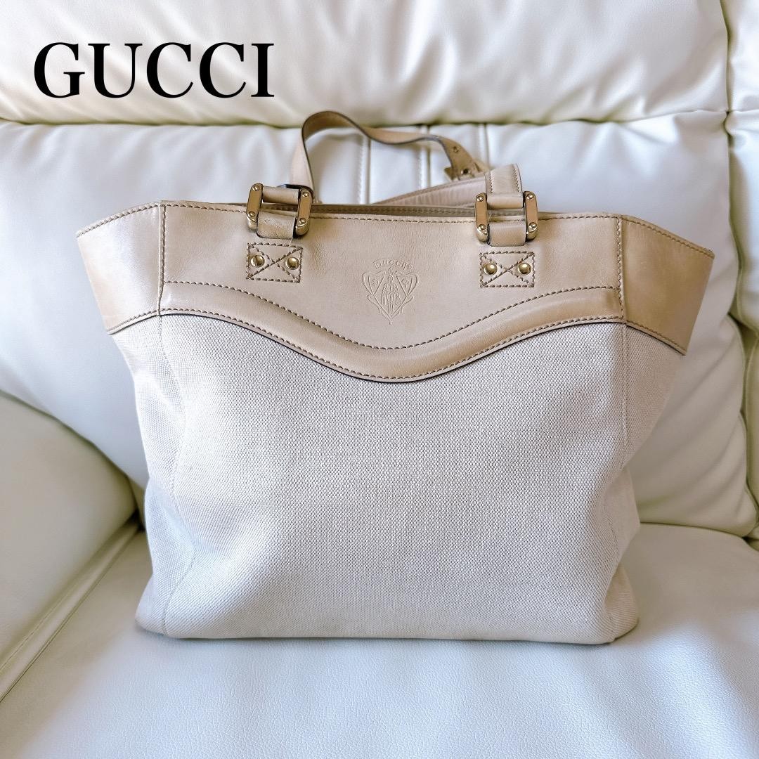 GUCCI Canvas Leather Tote Bag Beige Women Auth 10.62 x 10.23 x 4.72inch