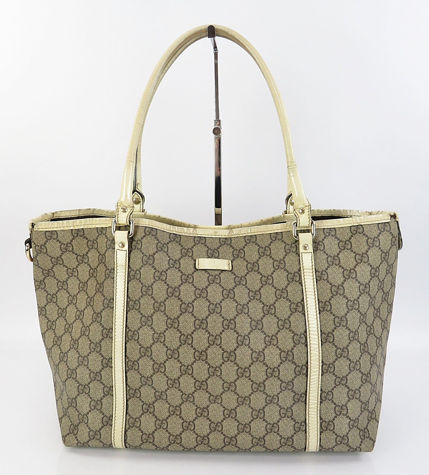 Auth GUCCI Joy Brown GG PVC Canvas and Off-White Leather Supreme Tote Bag #64223