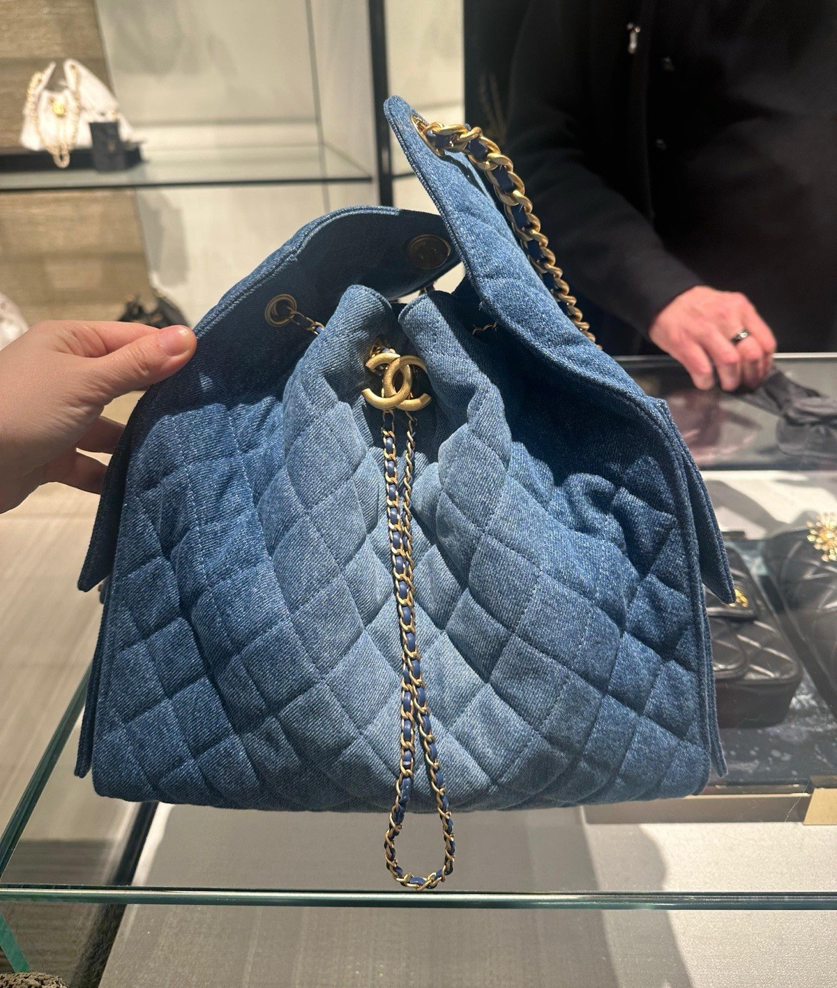 CHANEL 25 Blue Denim Medium Shoulder Bag Gold Chain