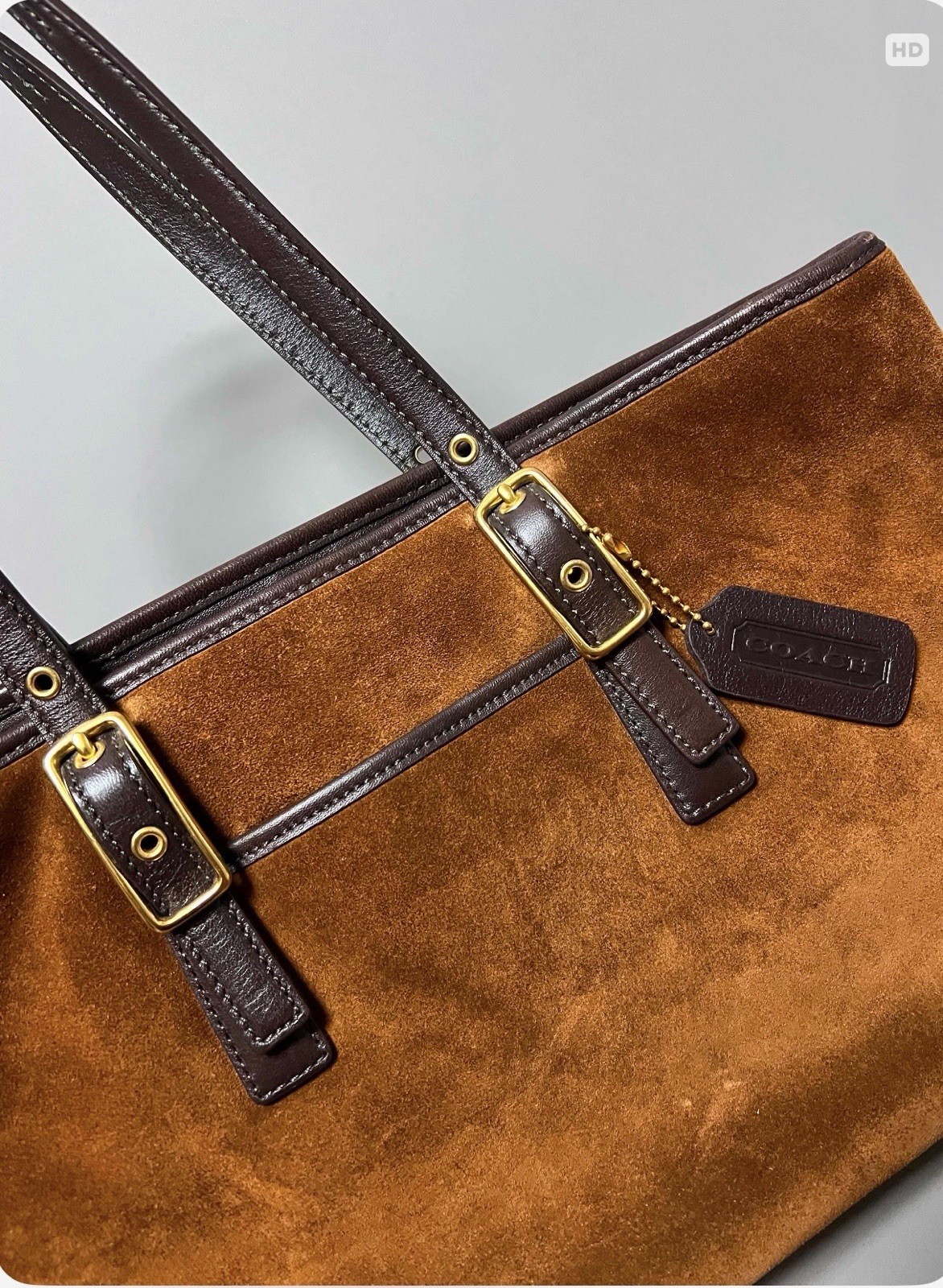 Coach brown suede tote shoulder bag zip top gold hw leather straps bag charm