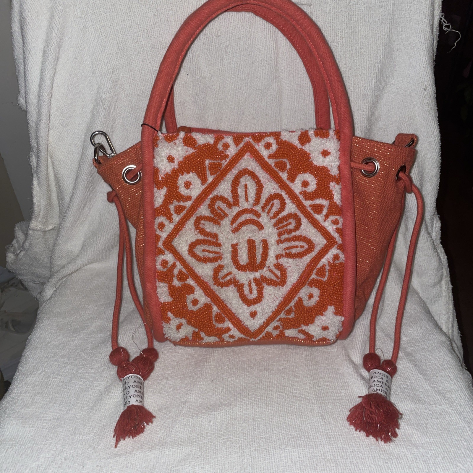 America & Beyond Beige gold Embroidered Sequin Beaded Flap Crossbody Bag