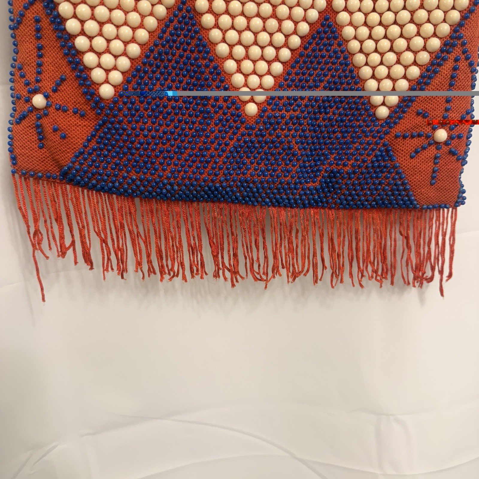 Red Blue White Geometric Beaded Shoulder Bag Fringe Zip Closure Lined Silver