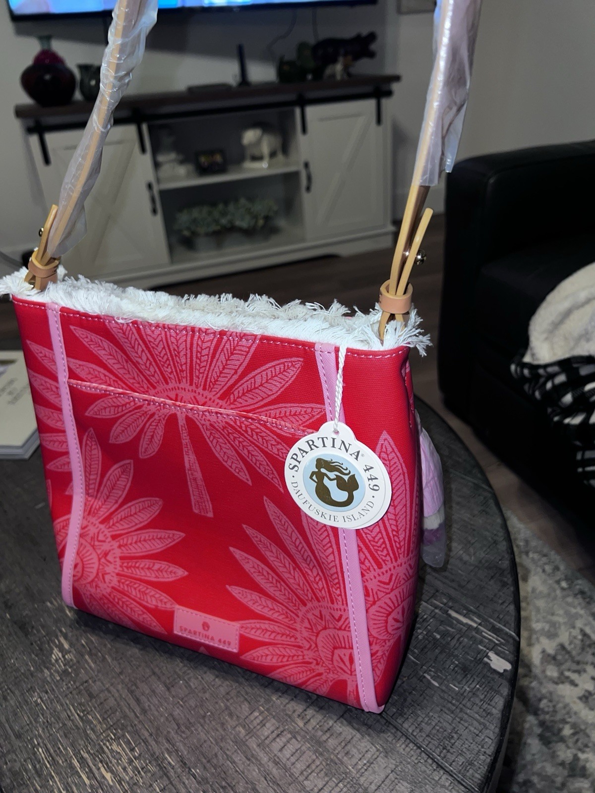 Spartina 449 red/pink floral small tote top handle bag, zip, tassel, pockets