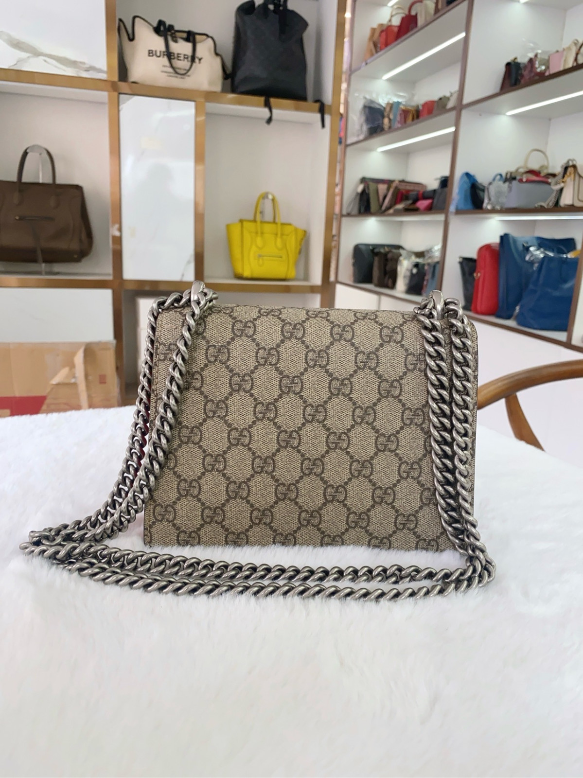 Authentic Gucci Dionysus Small Coated Canvas and Suede Shoulder Bag Beige/Red